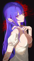 Rule 34 | 1girl, absurdres, black background, breasts, cherrymaru, cleavage, detached sleeves, dress, earrings, fingernails, flower, genshin impact, hair between eyes, highres, jewelry, large breasts, long hair, looking at viewer, nail polish, parted lips, purple eyes, purple hair, purple nails, raiden shogun, red flower, simple background, solo, spider lily, upper body, white dress