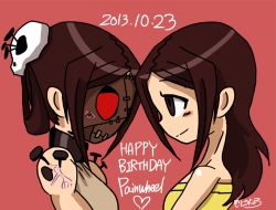 Rule 34 | 10s, 2013, 2girls, bare shoulders, blush, brown eyes, brown hair, carol (skullgirls), character name, dated, dual persona, eye contact, face-to-face, female focus, hair ornament, happy birthday, looking at another, mask, multiple girls, nyoro mutou, painwheel (skullgirls), pink background, red eyes, skullgirls, smile, upper body