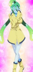 Rule 34 | 10s, 1girl, absurdres, boots, closed eyes, gradient background, highres, monster girl, monster musume no iru nichijou, raincoat, screencap, slime girl, solo, standing, stitched, suu (monster musume), tentacle hair, third-party edit