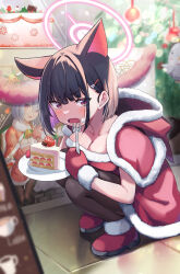Rule 34 | 1girl, absurdres, animal ears, black hair, black pantyhose, blue archive, blush, boots, breasts, cake, cake slice, capelet, cat ears, christmas, cleavage, collarbone, colored inner hair, comaya, dress, food, halo, highres, kazusa (blue archive), large breasts, multicolored hair, open mouth, pantyhose, pink hair, pink halo, red capelet, red dress, red eyes, red footwear, santa dress, short hair, solo, squatting