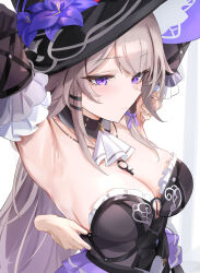 1girl armpits arms_up black_dress black_hat breasts closed_mouth clothes_grab detached_sleeves disembodied_hand dress flower grey_hair hat herta_(honkai:_star_rail) highres honkai:_star_rail honkai_(series) jewelry key key_necklace large_breasts long_hair necklace purple_eyes purple_flower small_sweatdrop solo strapless strapless_dress the_herta_(honkai:_star_rail) tomas_(kaosu22) upper_body witch_hat