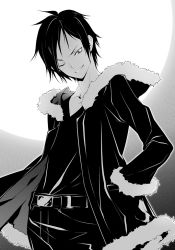 Rule 34 | 1boy, belt, buckle, durarara!!, greyscale, jacket, kousaki rui, long sleeves, looking at viewer, male focus, monochrome, one eye closed, open clothes, open jacket, orihara izaya, pants, simple background, solo, standing, white background, wink