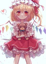Rule 34 | 1girl, blue bow, blush, bow, commentary request, crystal, dorowa (drawerslove), flandre scarlet, frilled shirt collar, frilled skirt, frills, hair between eyes, hat, hat ribbon, heart, highres, holding, holding stuffed toy, knees, looking at viewer, mob cap, open mouth, puffy short sleeves, puffy sleeves, red eyes, red ribbon, red skirt, red vest, ribbon, shirt, short sleeves, side ponytail, simple background, skirt, solo, spoken heart, standing, stuffed animal, stuffed toy, teddy bear, touhou, vest, white background, white shirt, wings