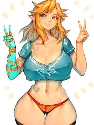 Rule 34 | 1girl, arm tattoo, black thighhighs, blonde hair, blue eyes, blue shirt, breasts, champion&#039;s tunic (zelda), cleavage, cropped legs, cropped shirt, double v, elf, fumio (rsqkr), genderswap, genderswap (mtf), highres, large breasts, legs together, link, mechanical arms, medium hair, narrow waist, navel, nintendo, orange panties, panties, pointy ears, shirt, shoulder tattoo, single mechanical arm, smile, stomach tattoo, tattoo, the legend of zelda, the legend of zelda: breath of the wild, the legend of zelda: tears of the kingdom, thighhighs, thong, underwear, v, white background