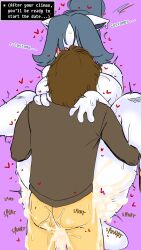 Rule 34 | 1boy, 1girl, animal ears, ass, blush, breast press, breasts, brown hair, cat ears, cat tail, clothed female nude male, clothed sex, clothes, cum, cum in pussy, english text, fakeryway, frisk (undertale), full nelson, furry, furry female, furry with non-furry, grey hair, hetero, highres, huge ass, huge breasts, impregnation, interspecies, long hair, looking back, medium hair, nude, open clothes, open mouth, ovum, purple background, sex, simple background, tail, temmie, undertale