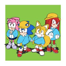 Rule 34 | 1girl, 3boys, aged down, amy rose, animal ears, animal nose, bag, blue shirt, blush, border, child, closed mouth, commentary, diamondx1704, english commentary, flower, furry, furry female, furry male, gloves, green background, hat, highres, holding, holding flower, holding hands, kindergarten bag, kindergarten uniform, knuckles the echidna, multiple boys, open mouth, red footwear, school hat, shadow, shirt, shoes, simple background, smile, sonic (series), sonic the hedgehog, standing, tails (sonic), white border, white gloves, yellow headwear