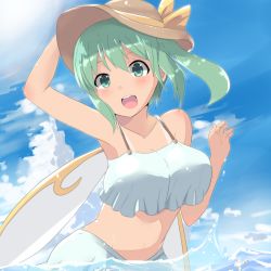 Rule 34 | 1girl, :d, arm up, bare arms, bare shoulders, bikini, bikini skirt, blue sky, blush, breasts, cloud, collarbone, crop top, crop top overhang, daiyousei, day, fairy wings, green eyes, green hair, hair between eyes, hand on headwear, hand up, hat, hat ribbon, highres, kuromu (underporno), long hair, medium breasts, navel, open mouth, outdoors, partially submerged, ribbon, side ponytail, sky, smile, solo, stomach, swimsuit, tan, tanline, touhou, upper body, water, wet, wings