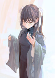 Rule 34 | 1girl, black dress, brown hair, china dress, chinese clothes, closed mouth, coat, commentary, dress, earrings, eyeball bracelet girl (fkey), fkey, green eyes, hair ribbon, highres, jewelry, long sleeves, looking at viewer, original, ribbon, solo, symbol-only commentary, twintails, white ribbon