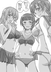 Rule 34 | 3girls, arms behind back, asaka karin, ass, back, bikini, blush, bow, braid, breasts, cleavage, commentary request, emma verde, freckles, gluteal fold, greyscale, half-closed eyes, hand up, hands on own hips, konoe kanata, large breasts, long hair, looking at viewer, looking back, love live!, love live! nijigasaki high school idol club, marugoshi teppei, medium hair, monochrome, multiple girls, navel, open mouth, sailor collar, short hair, sidelocks, smile, speech bubble, stomach, swimsuit, swimsuit skirt, thighs, translation request, waist bow
