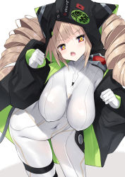 Rule 34 | 1girl, animal hood, black jacket, blonde hair, bodysuit, breasts, cat hood, cisyo, commentary request, covered erect nipples, covered navel, drill hair, fang, gloves, hanging breasts, highres, hood, hooded jacket, impossible bodysuit, impossible clothes, jacket, large breasts, long sleeves, looking at viewer, multicolored eyes, open mouth, paw pose, shiro (tower of fantasy), sidelocks, simple background, skindentation, solo, thigh strap, tower of fantasy, twin drills, white background, white bodysuit, white gloves