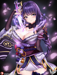 Rule 34 | 1girl, armor, blush, braid, breasts, bridal gauntlets, cleavage, closed mouth, commentary request, electricity, flower, genshin impact, hair ornament, highres, holding, holding sword, holding weapon, human scabbard, japanese clothes, kimono, large breasts, long hair, long sleeves, looking at viewer, mitsudomoe (shape), mole, mole under eye, nail polish, nekobox, purple eyes, purple flower, purple hair, purple nails, raiden shogun, ribbon, sash, shoulder armor, simple background, solo, sword, tassel, thighhighs, tomoe (symbol), weapon, wide sleeves