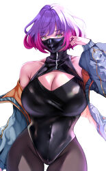 Rule 34 | 1girl, absurdres, bare shoulders, black pantyhose, black thighhighs, breasts, cleavage, collarbone, covered collarbone, covered navel, cowboy shot, front zipper, gradient hair, green eyes, highres, huge breasts, jacket, karma3009, leotard, mask, medium hair, mouth mask, multicolored hair, original, pantyhose, pink hair, purple hair, simple background, solo, thighhighs, turtleneck, white background