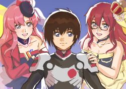 Rule 34 | 1boy, 2girls, black dress, black headwear, blue eyes, commentary, commission, cosplay, crown, detached sleeves, dress, english commentary, flay allster, glasses, gundam, gundam seed, hair ribbon, hand on another&#039;s shoulder, hat, highres, holding, holding microphone, jacket, kira yamato, lacus clyne, looking at viewer, macross, macross frontier, microphone, mini hat, multiple girls, nekkikamille, off shoulder, open mouth, pilot suit, purple eyes, ranka lee, ranka lee (cosplay), red jacket, ribbon, saotome alto, saotome alto (cosplay), sheryl nome, sheryl nome (cosplay), smile, straight-on, strapless, strapless dress, yellow dress, yellow ribbon