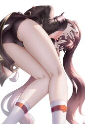 Rule 34 | 1girl, absurdres, ass, black nails, blush, brown hair, fang, flower-shaped pupils, from below, genshin impact, hands on own face, highres, hu tao (genshin impact), jewelry, kneepits, long hair, looking at viewer, multiple rings, neit ni sei, one eye closed, red eyes, ring, short shorts, shorts, simple background, smile, socks, solo, symbol-shaped pupils, thighs, twintails, very long hair, white background