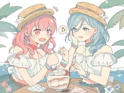 Rule 34 | 2girls, ^^^, bad hands, belt, blue belt, blue eyes, blue hair, blue skirt, blush, bow, bracelet, braid, brown hair, brown skirt, chestnut mouth, commentary, couple, dated commentary, flower, food, fruit, hand on own cheek, hand on own face, hat, hat flower, hat ribbon, hinomori shizuku, holding, holding spoon, jewelry, light blue hair, midriff, momoi airi, multiple braids, multiple girls, musical note, nail polish, napkin, ocean, off-shoulder shirt, off shoulder, open mouth, outdoors, palm tree, parfait, pink eyes, pink hair, pink nails, project sekai, ribbon, seri (vyrlw), shirt, side ponytail, skirt, sky, smile, speech bubble, spoken musical note, spoon, strawberry, sweatdrop, table, tree, twintails, wavy hair, whipped cream, white bow, white shirt, white sky, yuri