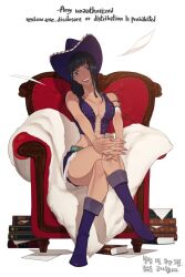 Rule 34 | 1girl, black hair, blue eyes, blunt bangs, book, commentary request, cowboy hat, crossed legs, deogbab, english text, full body, hat, korean commentary, korean text, long hair, nico robin, one piece, open mouth, purple hat, sitting, smile, solo, translation request