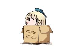 Rule 34 | 10s, 1girl, 2017, absurdres, atago (kancolle), beret, blonde hair, box, cardboard box, dated, hat, hatsuzuki 527, highres, in box, in container, kantai collection, long hair, pan-pa-ka-paaan!, simple background, solid oval eyes, solo, twitter username, white background