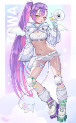 Rule 34 | 1girl, absurdres, asymmetrical footwear, belt, buckle, character name, commentary, demon girl, demon tail, demon wings, english commentary, goggles, goggles on head, green eyes, high ponytail, highres, holding, holding megaphone, hololive, kkato, knee pads, long hair, long sleeves, looking at viewer, loose socks, megaphone, micro shorts, midriff, mismatched footwear, multicolored hair, official alternate costume, open mouth, pink hair, puffy long sleeves, puffy sleeves, purple hair, ribbon, shorts, shrug (clothing), snap-fit buckle, socks, solo, streaked hair, sweater, tail, thigh strap, tokoyami towa, tokoyami towa (5th costume), turtleneck, turtleneck sweater, virtual youtuber, white ribbon, white shorts, white tail, white wings, wings