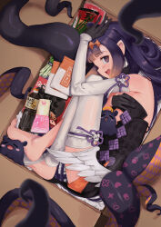 Rule 34 | 1girl, @ @, armpit crease, bare shoulders, barefoot, black shirt, blurry, blurry foreground, blush, box, breasts, cardboard box, commentary, depth of field, elbow gloves, feet, food, gloves, gradient hair, hair ornament, hand up, highres, hololive, hololive english, in box, in container, indoors, knees up, legs, long hair, long legs, low wings, mayonnaise bottle, mochiyuki (gigfor1), multicolored hair, ninomae ina&#039;nis, ninomae ina&#039;nis (1st costume), no shoes, open mouth, orange shorts, purple eyes, purple hair, purple ribbon, ribbon, shirt, short shorts, shorts, single thighhigh, sleeveless, sleeveless shirt, small breasts, solo, strapless, strapless shirt, takodachi (ninomae ina&#039;nis), takoyaki pan, tentacle hair, tentacles, thighhighs, toenails, toes, virtual youtuber, wings