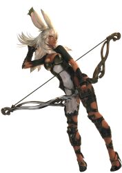 Rule 34 | 1girl, animal ears, warrior of light (ff14), boots, bow (weapon), breasts, cleavage, cleavage cutout, closed mouth, clothing cutout, commission, covered navel, dark-skinned female, dark skin, dress, dutch angle, facial mark, final fantasy, final fantasy xiv, floating hair, full body, grey eyes, hair between eyes, hand in own hair, hand up, high heel boots, high heels, holding, holding bow (weapon), holding weapon, jamjamstyle, legs apart, long hair, looking at viewer, medium breasts, navel, pelvic curtain, rabbit ears, short sleeves, solo, standing, two-tone dress, viera, weapon, white hair