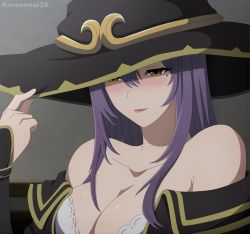 Rule 34 | 1girl, bare shoulders, blush, breasts, cleavage, goblin slayer!, hat, highres, large breasts, long hair, purple hair, tagme, witch (goblin slayer!), witch hat