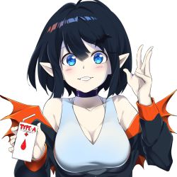 Rule 34 | 1girl, bare shoulders, black hair, blood type, blue eyes, bra strap, breasts, character request, collarbone, copyright request, drink, highres, holding, holding drink, jewelry, looking at viewer, medium breasts, nano (nanojyaa), neck ring, off shoulder, pointy ears, solo, sweater, tank top, vampire, white background
