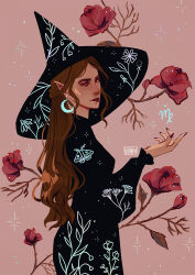 Rule 34 | 1girl, artist logo, black dress, black hat, brown hair, commentary, crescent, crescent earrings, dress, earrings, elithien, english commentary, flat color, flower, from side, hat, highres, jewelry, long hair, looking at viewer, nail polish, original, pointy ears, solo, witch, witch hat