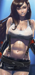 Rule 34 | 1990s (style), 1girl, abs, bare shoulders, belt, black hair, breasts, cleavage, covered erect nipples, cowboy shot, crop top, dreams addiction, earrings, eyelashes, final fantasy, final fantasy vii, head tilt, highres, jewelry, lips, long hair, looking at viewer, microskirt, midriff, navel, red eyes, retro artstyle, shiny clothes, shiny skin, shirt, skindentation, skirt, sleeveless, sleeveless shirt, smile, stomach, suspenders, sweat, tank top, teeth, thigh gap, tifa lockhart, upper body, wet, wet clothes, white shirt