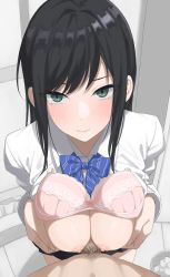 Rule 34 | black hair, blush, bow, bow bra, bowtie, bra, breasts squeezed together, breasts, censored, clothed female nude male, embarrassed, highres, kaminari doon, looking at viewer, medium breasts, mosaic censoring, nipples, nude, original, paizuri, paizuri under clothes, penis, pink bra, pov, school uniform, tissue, tissue box, underwear