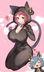 Rule 34 | 1boy, 1girl, absurdres, bodysuit, breasts, cat tail, chibi, chibi inset, cleavage, closed eyes, collarbone, curvy, drang (granblue fantasy), draph, eno yukimi, fingerless gloves, gloves, granblue fantasy, highres, hood, hooded bodysuit, horns, huge breasts, imagining, kneeling, long hair, neck bell, open mouth, pervert, pink background, red hair, short hair, sturm (granblue fantasy), tagme, tail, thought bubble, translation request