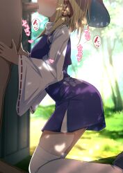 Rule 34 | 1boy, 1girl, absurdres, black footwear, blonde hair, blush, censored, clothed female nude male, commentary request, darumoon, day, dress, fellatio, hair ribbon, hat, head out of frame, heart, highres, kneeling, long sleeves, medium hair, moriya suwako, mosaic censoring, nude, on ground, oral, outdoors, paid reward available, penis, purple dress, red ribbon, ribbon, ribbon-trimmed sleeves, ribbon trim, shoes, sidelocks, sound effects, thighhighs, touhou, white thighhighs