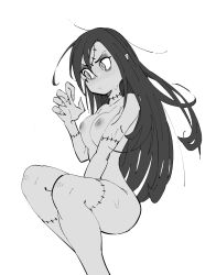 Rule 34 | 1girl, arm between legs, black hair, blush, breasts, fingernails, gs16 (chug), hand gesture, highres, jourjii, long hair, looking at hand, looking away, lying, monochrome, nipples, nude, original, pout, sharp fingernails, sitting, small breasts, solo, stitched arm, stitched face, stitched leg, stitched neck, stitches, thighs, white background, zombie, zombie girl