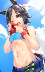 Rule 34 | 1girl, absurdres, animal ears, artist logo, bare shoulders, black hair, blue skirt, blue sky, blue sports bra, breasts, buckle, clothes lift, cloud, commentary request, cowboy shot, day, ear ornament, groin, hair ornament, hairclip, hibiki (zerocodo), highres, horse ears, horse girl, horse tail, jacket, jacket lift, lifting own clothes, midriff, navel, open mouth, red eyes, red jacket, short hair, sidelocks, skirt, sky, sleeveless, sleeveless jacket, small breasts, snap-fit buckle, solo, sports bra, standing, sweat, tail, umamusume, winning ticket (umamusume), wristband