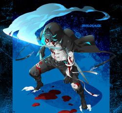 Rule 34 | 1boy, arizuka (catacombe), bad id, bad twitter id, bandages, belt, black hair, blood, blood on face, blood on clothes, bloody weapon, blue background, boots, character name, cuts, glowing, grey eyes, highres, hood, hoodie, injury, katana, looking at viewer, looking up, male focus, mouth hold, muscular, original, red mask (arizuka), solo, sword, weapon