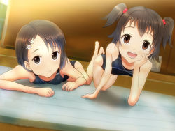 Rule 34 | 10s, 2girls, akagi miria, all fours, black hair, brown eyes, competition swimsuit, hair ornament, hairclip, highres, idolmaster, idolmaster cinderella girls, lying, mat, multiple girls, on stomach, one-piece swimsuit, perspective, sasaki chie, shinkuoh, short hair, swimsuit, teeth, twintails