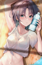 Rule 34 | 1girl, arm up, asakura toru, blue bra, blue eyes, blue nails, blush, bottle, bottle to cheek, bra, breasts, collarbone, gradient hair, highres, holding, holding bottle, idolmaster, idolmaster shiny colors, looking at viewer, lying, multicolored hair, nail polish, navel, on back, on floor, parted bangs, parted lips, plastic bottle, purple hair, see-through, shirt, short sleeves, sleeves rolled up, small breasts, smile, solo, tied shirt, underwear, upper body, water bottle, wet, wet clothes, wet shirt, white shirt, wooden floor, yuzuyu (hyui)