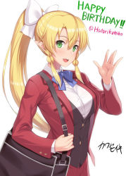 Rule 34 | 1girl, :d, alternate costume, bag, black bag, black vest, blonde hair, blue bow, blush, bow, braid, collared shirt, commentary request, dress shirt, green eyes, hair between eyes, hair bow, hand up, highres, jacket, kawase seiki, leafa, long hair, long sleeves, looking at viewer, open mouth, pleated skirt, pointy ears, red jacket, red skirt, shirt, shoulder bag, sidelocks, simple background, skirt, smile, solo, sword art online, teeth, twin braids, upper teeth only, very long hair, vest, white background, white bow, white shirt