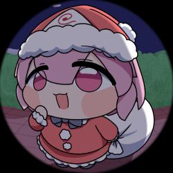 1girl :3 :d black_bow black_bowtie blush_stickers bow bowtie commentary dress full_body fur-trimmed_headwear fur-trimmed_sleeves fur_trim hand_up hat highres long_sleeves open_mouth pink_eyes pink_hair pom_pom_(clothes) pov pov_peephole red_dress red_hat sack saigyouji_yuyuko santa_dress santa_hat short_hair smile solo standing touhou triangular_headpiece white_bag y75zei