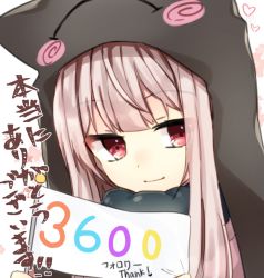Rule 34 | 1girl, abe suke, brown hair, closed mouth, commentary request, flag, hat, heart, holding, holding flag, long hair, looking at viewer, milestone celebration, original, red eyes, sidelocks, smile, solo, star (symbol), translation request, upper body