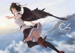 Rule 34 | 1girl, above clouds, arms at sides, back cutout, black hair, black thighhighs, black wings, blouse, clothes lift, clothing cutout, cloud, collared shirt, day, flying, from side, full body, geta, half-closed eyes, hat, landscape, outdoors, pom pom (clothes), red eyes, ribbon-trimmed skirt, ribbon trim, rokuwata tomoe, scenery, shameimaru aya, shirt, short hair, skirt, sky, solo, tengu-geta, thighhighs, tokin hat, touhou, white shirt, wings