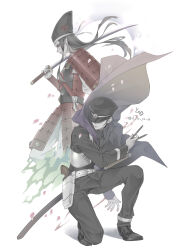 2boys armor black_hair cloak devil_summoner_(series) formal_clothes full_body hat highres japanese_armor katana kuzunoha_raidou long_hair male_focus multiple_boys on_one_knee over_shoulder peaked_cap pointy_ears profile ryokuyuu shin_megami_tensei smile suit sword sword_over_shoulder weapon weapon_over_shoulder yoshitsune_(megami_tensei)