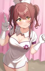 1girl, absurdres, blush, breasts, cleavage, cleavage cutout, closed mouth, clothing cutout, collared dress, cowboy shot, curtains, dot nose, dress, eyebrows visible through hair, glint, gloves, hair between eyes, hands up, hat, highres, holding, holding syringe, idolmaster, idolmaster shiny colors, leaning to the side, medium breasts, nurse cap, osaki tenka, puffy short sleeves, puffy sleeves, shadow, shiny, shiny hair, short sleeves, solo, standing, syringe, thighs, twintails, v-shaped eyebrows, wanimaru, white dress, white gloves, white headwear, yellow eyes