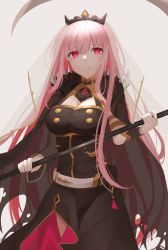 Rule 34 | 1girl, belt, breasts, cape, cleavage, commentary request, dress, gown, highres, hirakana, hololive, hololive english, large breasts, looking at viewer, mori calliope, pink hair, red eyes, scythe, simple background, solo, tiara, virtual youtuber, weapon