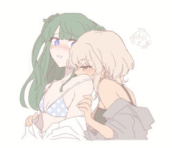 Rule 34 | 2girls, bare shoulders, blue eyes, blunt bangs, blunt ends, blush, brown hair, commentary request, doodle inset, embarrassed, green hair, half-closed eyes, hand on another&#039;s arm, leaning on person, long hair, looking at another, multiple girls, nojima minami, off shoulder, open mouth, pretty series, pripara, profile, short hair, spaghetti strap, swimsuit, taiyo pepper, tan, tsukikawa chili, two side up, upper body, white background, yuri