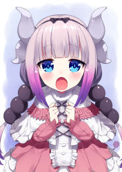Rule 34 | 10s, 1girl, beads, blue eyes, blunt bangs, blush, capelet, child, dragon girl, dragon horns, dragon tail, dress, hair beads, hair ornament, hairband, highres, horns, kanna kamui, kobayashi-san chi no maidragon, long hair, looking at viewer, multicolored hair, open mouth, sh (shinh), silver hair, simple background, slit pupils, solo, tail, twintails