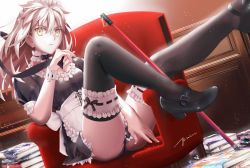 Rule 34 | 1girl, apron, artoria pendragon (alter swimsuit rider) (fate), artoria pendragon (alter swimsuit rider) (second ascension) (fate), artoria pendragon (fate), black dress, black footwear, black thighhighs, book, chair, choker, closed mouth, commentary request, dress, fate/grand order, fate (series), highres, long hair, looking at viewer, maid, maid apron, maid headdress, panties, revision, short sleeves, sitting, sitting sideways, thighhighs, thighs, underwear, white apron, white background, white choker, white headwear, wrist cuffs, yellow eyes, yipaint
