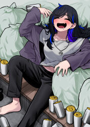 Rule 34 | 1girl, absurdres, asymmetrical hair, barefoot, beer can, black hair, blush, can, character request, collarbone, commentary request, drink can, drunk, earrings, fang, feet, feet out of frame, gold earrings, grey shirt, happy, highres, jewelry, kanke (kank06020602), leaning back, long hair, messy hair, messy room, multicolored hair, necklace, open mouth, original, pale skin, purple sweater, saliva, shirt, sitting, skin fang, sleeping, smile, solo, speech bubble, sweater, tongue, trash bag, wooden floor