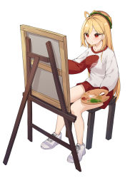 Rule 34 | 1girl, absurdres, ahoge, blonde hair, canvas (object), chair, full body, hamburger hat, hat, highres, jingburger, long hair, long sleeves, painting (action), palette (object), red eyes, red shorts, red sweater, shoes, short shorts, shorts, simple background, sitting, smile, sneakers, solo, sweater, very long hair, virtual youtuber, waktaverse, white background, white footwear, white sweater, ziro (zirorong)