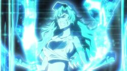 Rule 34 | 1girl, angry, animated, anime screenshot, bleach, bleach: sennen kessen-hen, breasts, candice catnipp, cleavage, electricity, energy, glowing, hat, large breasts, long hair, midriff, navel, peaked cap, revealing clothes, screencap, sideboob, solo, tagme, video