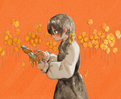 Rule 34 | 1girl, apricot (vocaloid), balloon, black dress, black eyes, black hair, blush, dress, from side, hair over shoulder, hair ribbon, hand mirror, highres, holding, holding mirror, long sleeves, looking at object, looking down, low twintails, medium hair, mirror, nose blush, open mouth, orange background, profile, puffy long sleeves, puffy sleeves, reaching, ribbon, sabaku (saba9), shirt, solo, traditional media, twintails, upper body, vocaloid, watercolor pencil (medium), white shirt, white sleeves, yellow ribbon
